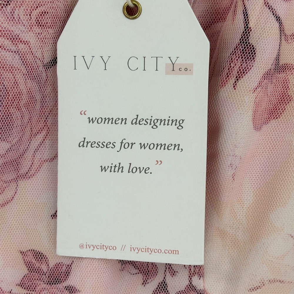 Ivy City Co Pink Floral Tulle Midi Dress XL NWT Ruffle Tiered Puff Sleeve Rose - Picture 4 of 10